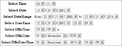 Various date-time form input fields generated by Symfony widgets