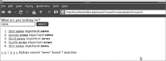 Output of the Sphinx search application in Symfony (mouse pointer irrelevant)