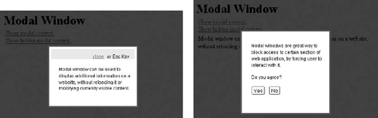 On the left — the ThickBox window, displayed by clicking the Show modal content link. On the right — the ThickBox window, displayed by clicking the Show hidden modal content link