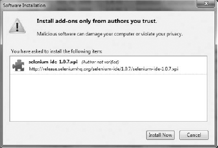 Selenium Firefox installation window