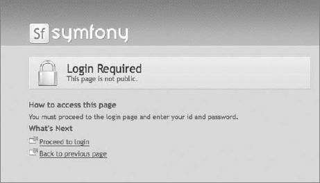 Symfony default login requirement information page.