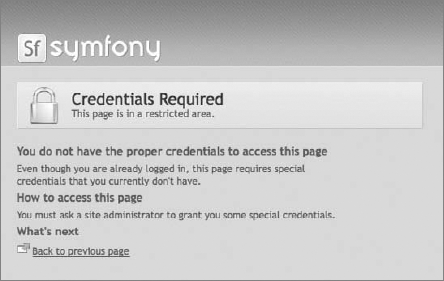 Symfony default credentials requirement information page.