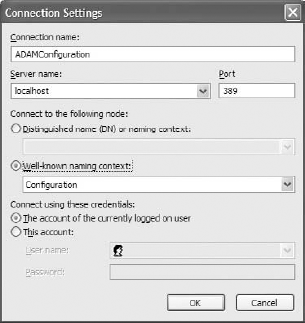 ADAM connection settings window.