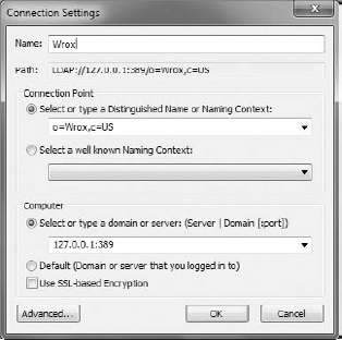ADAM connection settings window.