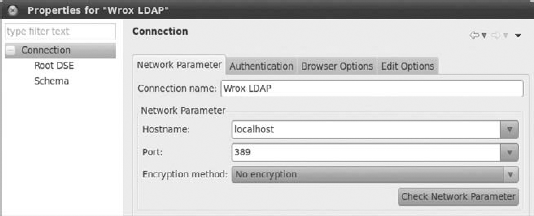 Apache Directory Studio network parameters.