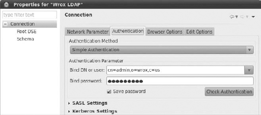 Apache Directory Studio authentication parameters.