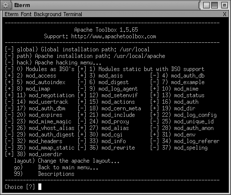 ApacheToolbox screen for standard Apache modules