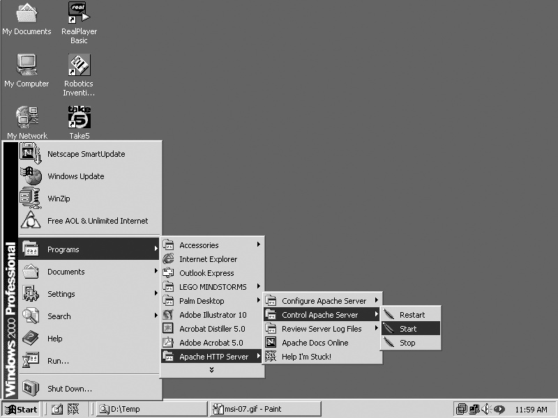 Using the Start menu to control Apache