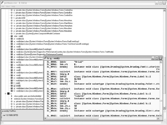 A screenshot of ILDasm, Microsoft™s .NET IL disassembler.