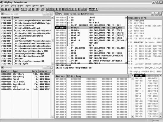 A typical OllyDbg screen