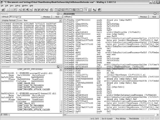 A screenshot of WinDbg while it is attached to a user-mode process.