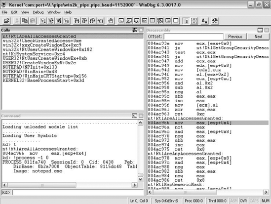 A screenshot from WinDbg when it is attached to a system for performing kernel-mode debugging.