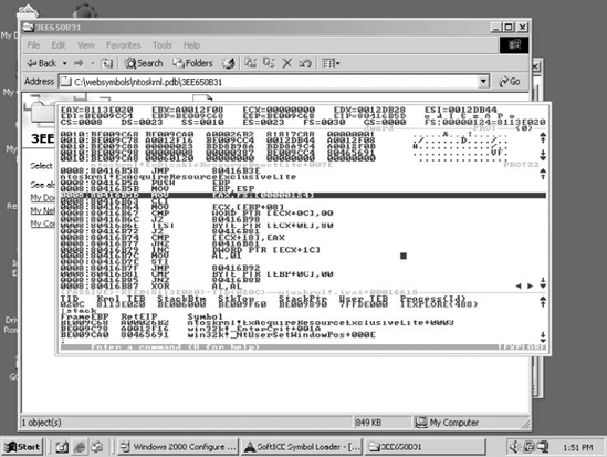 NuMega SoftICE running on a Windows 2000 system.