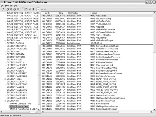A typical PEview screen for ntkrnlpa.exe.