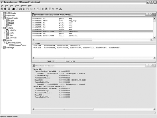 Screenshot of PEBrowse Professional dumping an executable and disassembling some code within it.