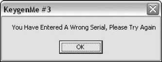 KeygenMe-3's invalid serial number message.