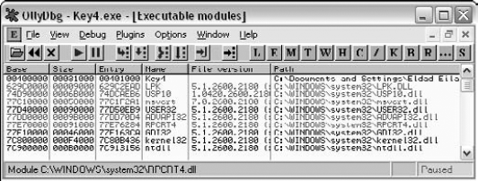 OllyDbg's Executable Modules window showing the modules loaded in the key4.exe program.