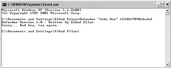Defender.EXE launched with John Doe as the username and 1234567890ABCDEF as the serial number.