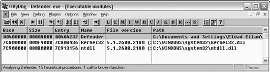 Executable modules statically linked with Defender (from OllyDbg).