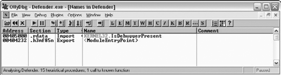 Imports and Exports for Defender.EXE (from OllyDbg).