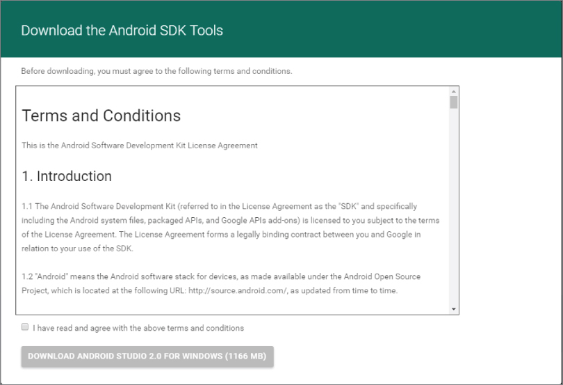 A screenshot of a web page titled Download the Android SDK Tools with terms and conditions given. There is a checkbox below for I have read and agree with the above terms and conditions.
