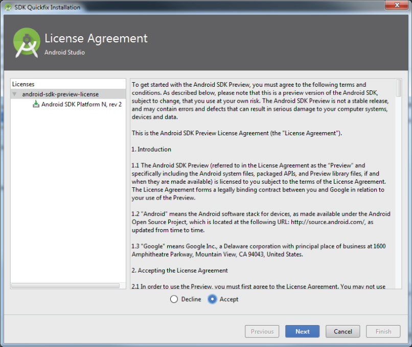 A screenshot of the SDK Quickfix installation window with License Agreement page. There is an Accept and a Decline radio button at the bottom.