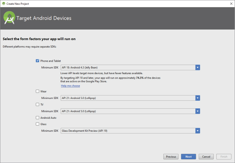 A screenshot of the Create New Project Wizard in the Target Android Devices page. Phone and Tablet box is checked and API 18: Android 4.3 (Jelly Bean) option is selected in Minimum SDK.