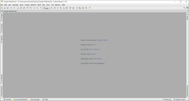 A screenshot of the Android Studio IDE in Chapter1HelloWorld - Android Studio 2.1 RC window.