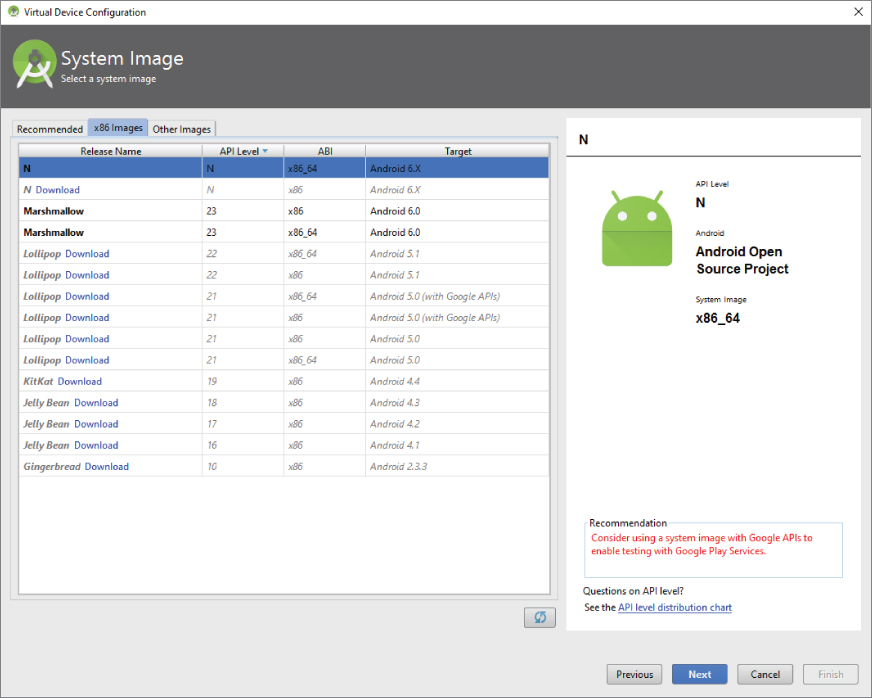 A screenshot of the Select Hardware page Phone category in Virtual Device Configuration window. Nexus 5X option is selected at the right.