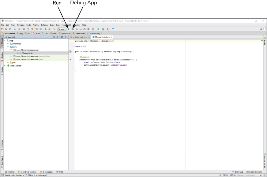 A screenshot with Run and Debug App pointed with arrows in the IDEExplorer - Android Studio 2.2 Preview 3 window.