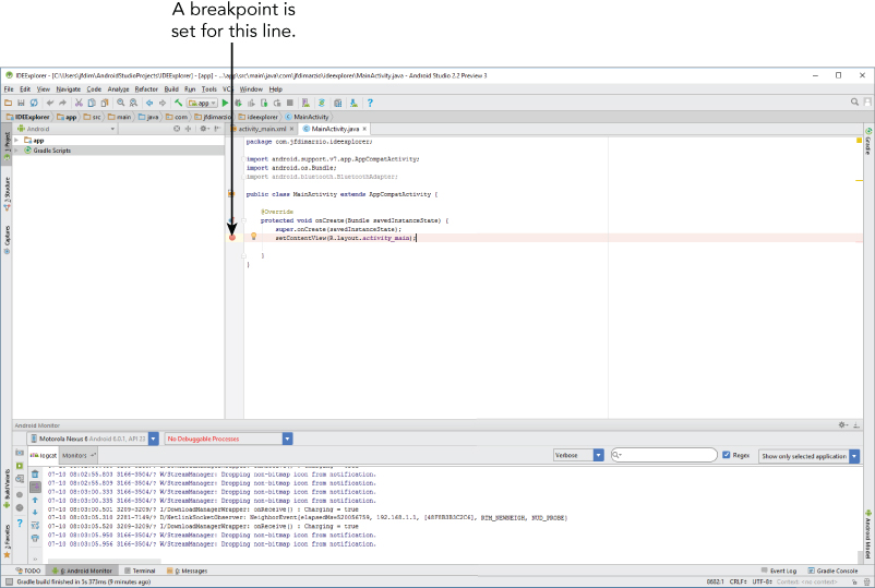 A screenshot with an arrow labeled a breakpoint is set for this line pointing to a line in the IDEExplorer - Android Studio 2.2 Preview 3 window.