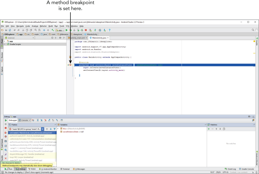 A screenshot with an arrow labeled a method breakpoint is set here pointing to a line in the IDEExplorer - Android Studio 2.2 Preview 3 window.