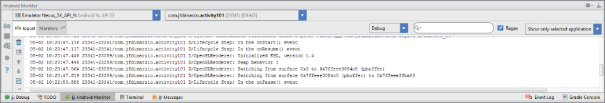 A screenshot of the Android Monitor window with output.