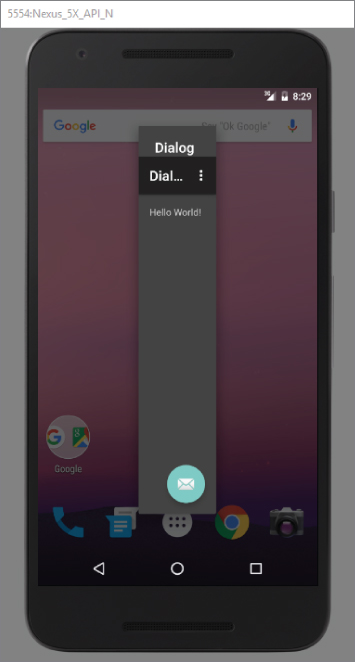A screenshot of 5554-Nexus_5X_API_N  screen with icons in the screen and a dialog pop-up with the title Dialog.