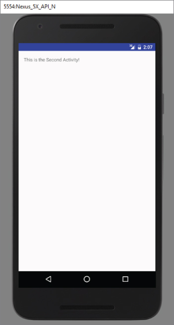A screenshot of 5554-Nexus_5X_API_N screen with a white screen titled This is the Second Activity! 
