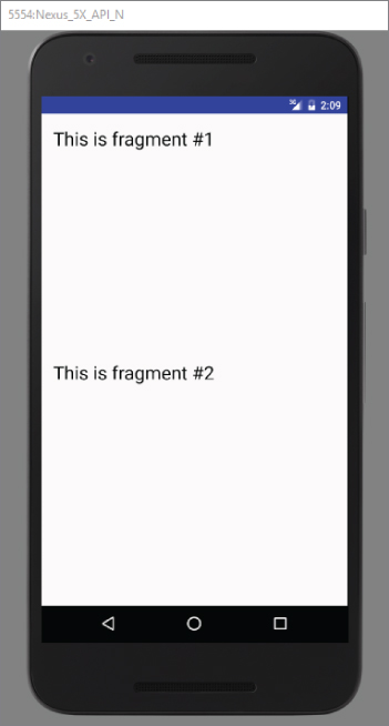 A screenshot of 5554-Nexus_5X_API_N screen with a white screen with titles This is fragment # 1 and This is fragment # 2.