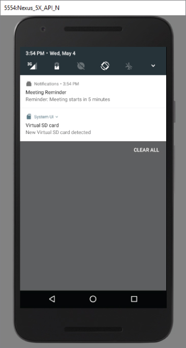 A screenshot of 5554-Nexus_5X_API_N screen with Notifications and System UI options on screen.