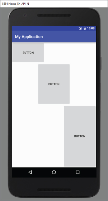 A screenshot of 5554-Nexus_5X_API_N screen with title My Application and three buttons in rectangular boxes of different sizes.