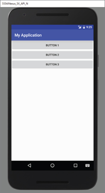 A screenshot of 5554-Nexus_5X_API_N screen with title My Application and three buttons in rectangular boxes with text Button 1, Button 2, and Button 3 listed above.