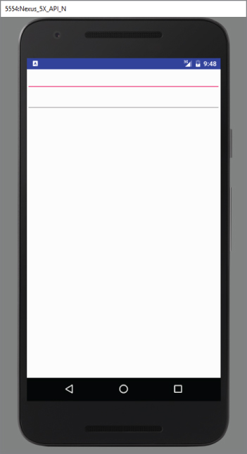 A screenshot of 5554-Nexus_5X_API_N screen with white screen and two rectangular boxes.