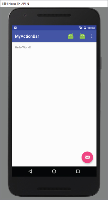 A screenshot of 5554-Nexus_5X_API_N screen with MyActionBar and three icons at the right.