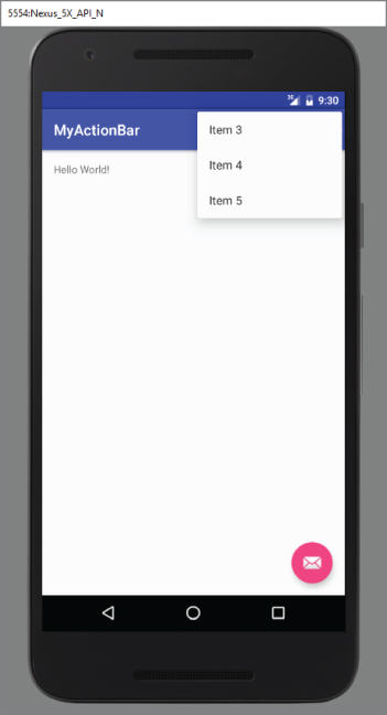 A screenshot of 5554-Nexus_5X_API_N screen with MyActionBar and a drop-down list with Item 3, Item 4, and Item 5 options.