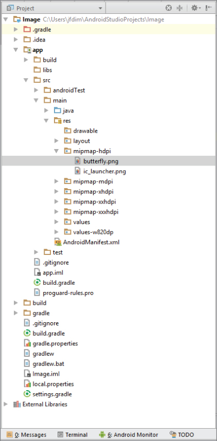 A screenshot of Project window with butterfly.png selected.