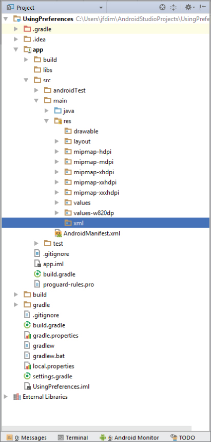 A screenshot of Project window with xml selected.