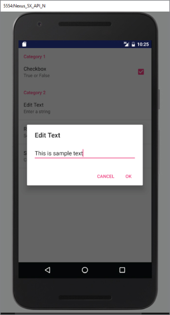 A screenshot of 5554-Nexus_5X_API_N screen with Edit Text dialog with the text This is sample text.