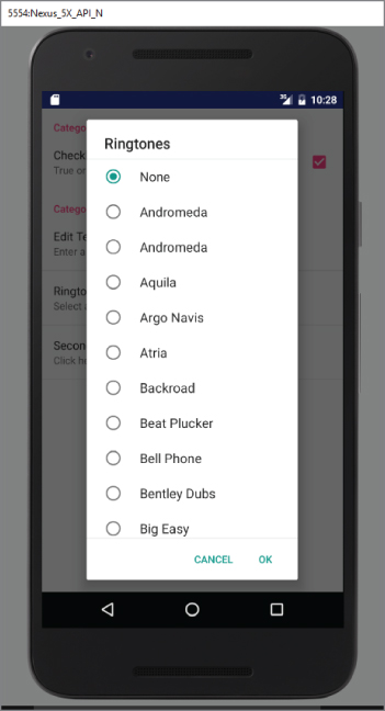 A screenshot of 5554-Nexus_5X_API_N screen with Ringtones dialog with options of ringtones and radio button for None selected.