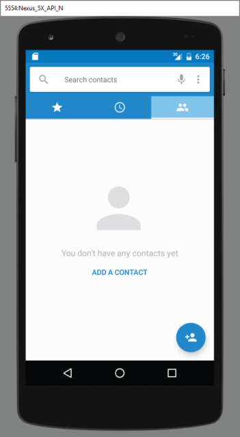 A screenshot of 5554-Nexus_5X_API_N screen with Contacts icon selected and the text You don't have any contacts yet below. There is an add contacts icon at the bottom right.