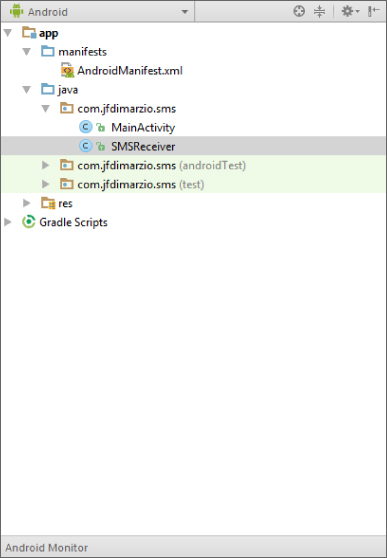 A screenshot of Android window with SMSReceiver selected below app.