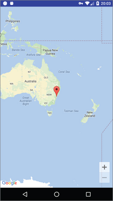 A screenshot of a mobile screen with a map and an icon displaying the location, an icon for zoom in (plus symbol), and an icon for zoom out (minus symbol).