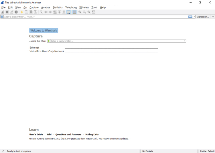 Snapshot of The Wireshark home screen.